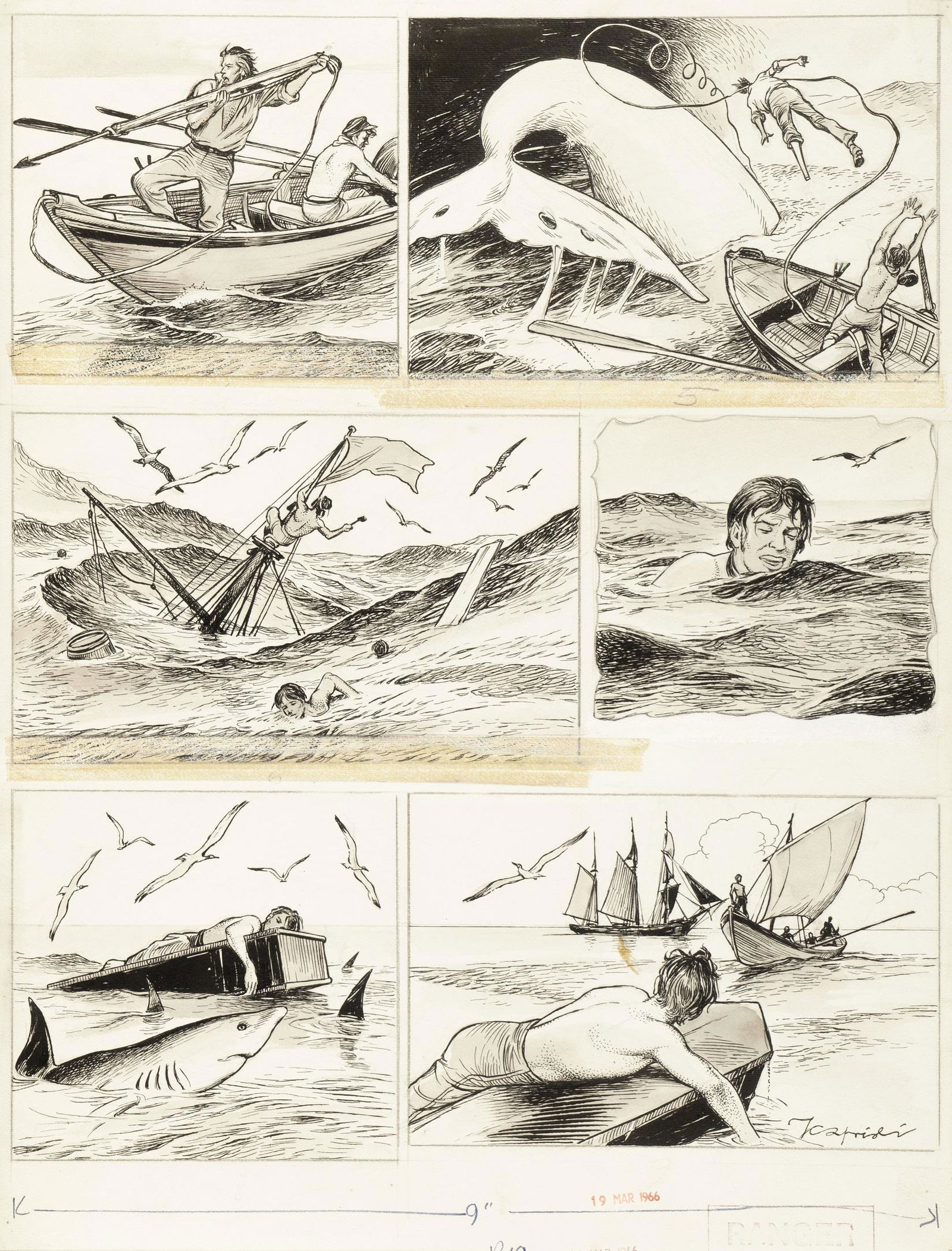 Caprioli Franco - "Moby Dick", 1966: Caprioli Franco - "Moby Dick", 1966 ITA matita, china e acquerello su cartoncino, 37,5 x 49 cm Tavola originale realizzata da Caprioli per "Moby Dick" pag. 12, pubblicata per la prima