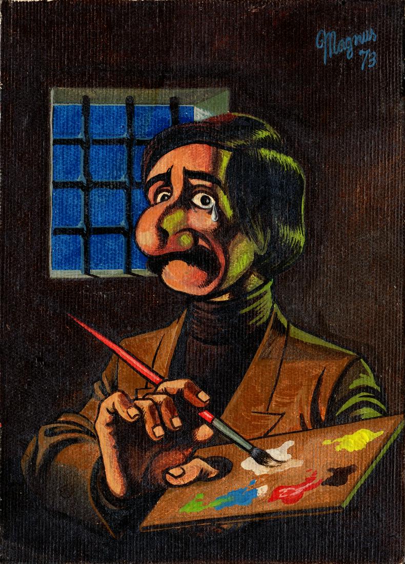Magnus (Roberto Raviola) - "Autoritratto", 1973: Magnus (Roberto Raviola) - "Autoritratto", 1973 ITA tempera su cartone telato, 13 x 18 cm Dipinto originale realizzato da Magnus nel 1973, pubblicato per la prima volta sul volume "Roberto