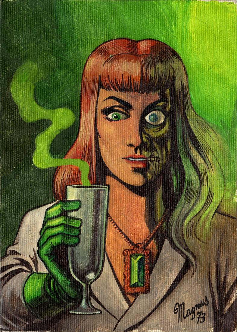 Magnus (Roberto Raviola) - "Satanik", 1973: Magnus (Roberto Raviola) - "Satanik", 1973 ITA tempera su cartone telato, 13 x 18 cm Dipinto originale realizzato da Magnus nel 1973, pubblicato per la prima volta sul volume "Roberto Ravi