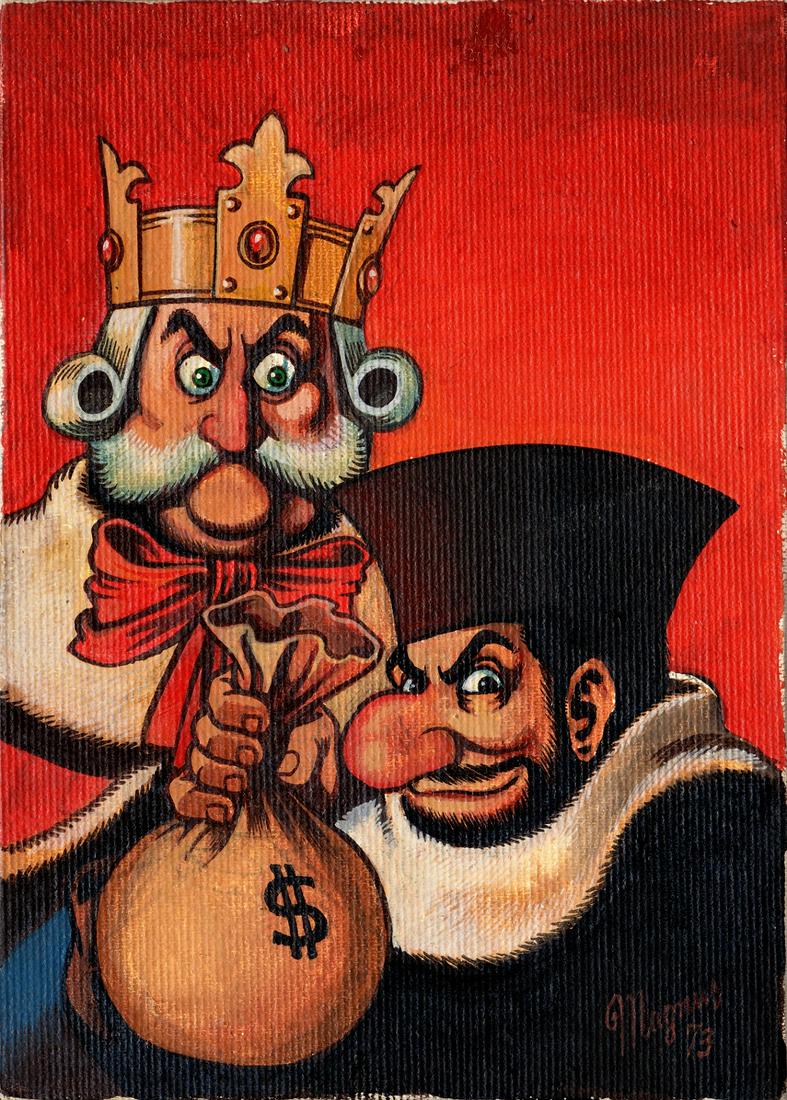 Magnus (Roberto Raviola) - "Re Maxmagnus &: Magnus (Roberto Raviola) - "Re Maxmagnus & Amministratore fiduciario", 1973 ITA tempera su cartone telato, 13 x 18 cm Dipinto originale realizzato da Magnus nel 1973, pubblicato per la pri