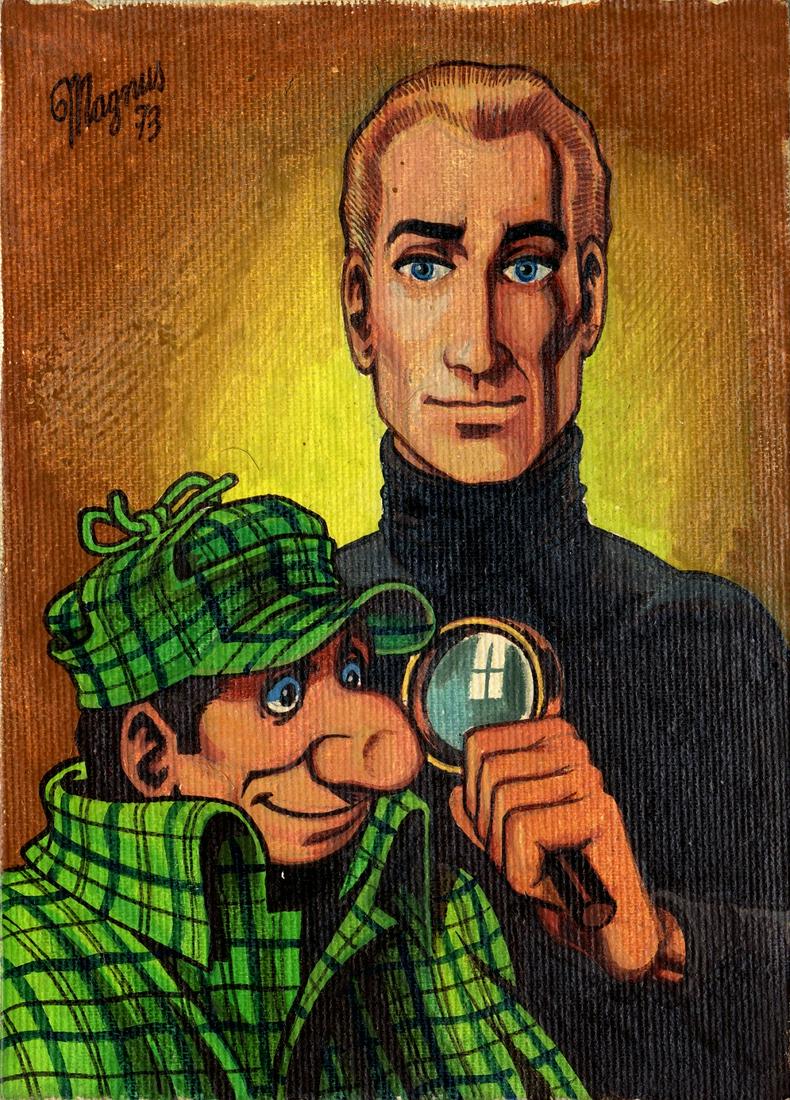 Magnus (Roberto Raviola) - "Alan Ford & Bob: Magnus (Roberto Raviola) - "Alan Ford & Bob Rock", 1973 ITA tempera su cartone telato, 13 x 18 cm Dipinto originale realizzato da Magnus nel 1973, pubblicato per la prima volta sul volume 