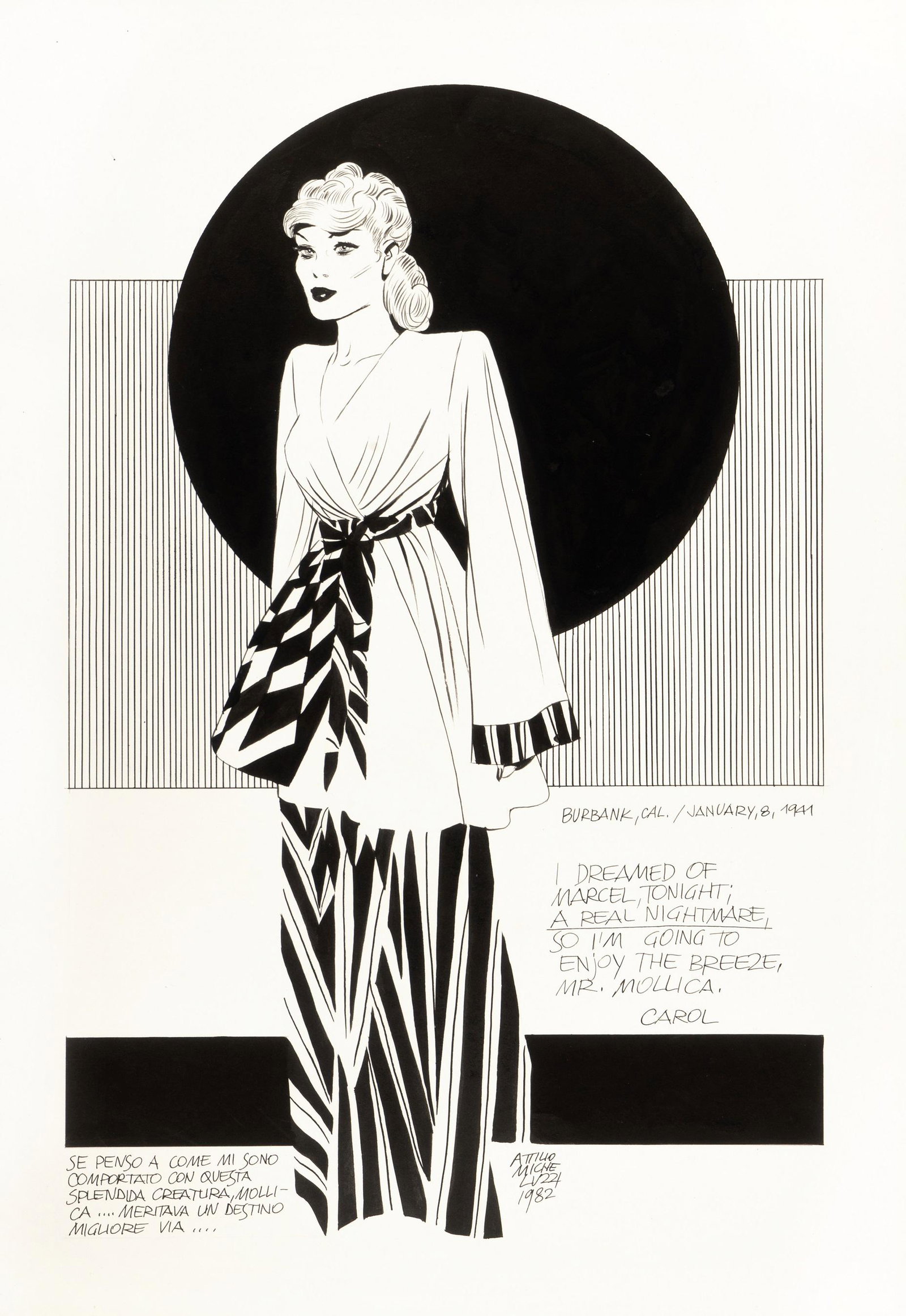 Micheluzzi Attilio - "Carol Gibson", 1982: Micheluzzi Attilio - "Carol Gibson", 1982 ITA matita e china su cartoncino, 34,5 x 50 cm Illustrazione originale realizzata da Micheluzzi raffigurante l’eroina di Marcel Labrume, pubblic