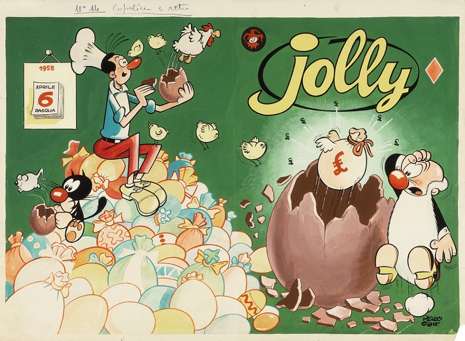 Perogatt (Carlo Peroni) - "Jolly", 1958: Perogatt (Carlo Peroni) - "Jolly", 1958 ITA matita, china e tempera su cartoncino, 51,5 x 38 cm Originale di copertina (e quarta di copertina) realizzato da Peroni per l’edizione pasquale di Jolly n