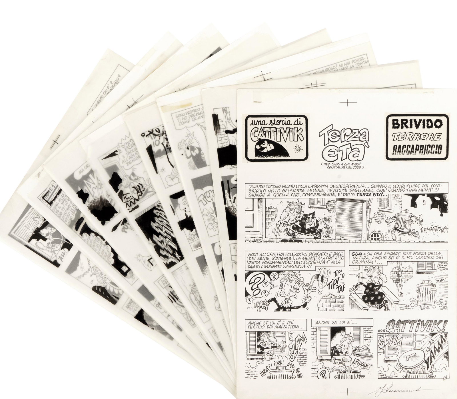 Sommacal Giorgio - "Cattivik - Terza età:: Sommacal Giorgio - "Cattivik - Terza età: dedicato a chi avrà 100 anni nel 2000", 1991 ITA matita e china su cartoncino, 25 x 35 cm ciascuno Storia completa composta da 8 tavole orig