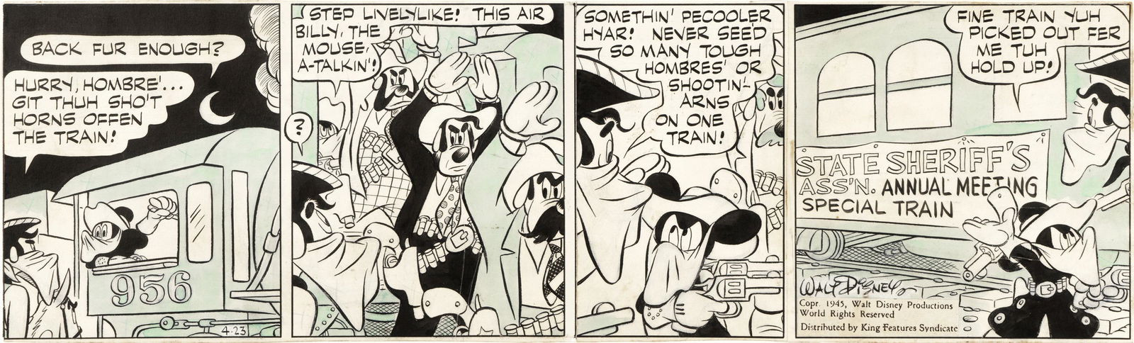 Gottfredson Floyd - "Mickey Mouse - Billy, The: Gottfredson Floyd - "Mickey Mouse - Billy, The Mouse", 23/04/1945 ITA matita, china e acquerello su cartoncino rimontato, 41,5 x 12,5 cm Striscia giornaliera del 23/04/1945 realizzata da Gott