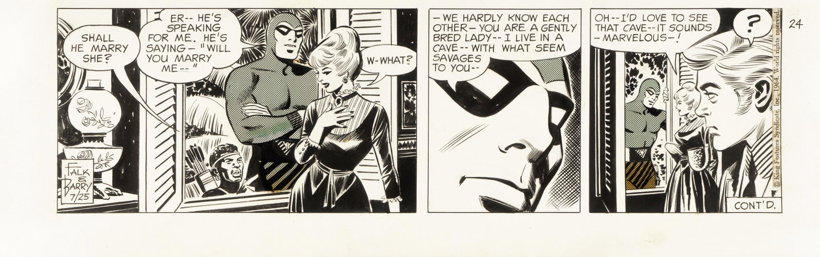 Barry Sy - "The Phantom - The Adventures of Lucy: Barry Sy - "The Phantom - The Adventures of Lucy Cary", 25/07/1964 ITA matita, china e retino su cartoncino, 52,5 x 17 cm Striscia giornaliera del 25/07/1964 per "The Phantom". Firmata