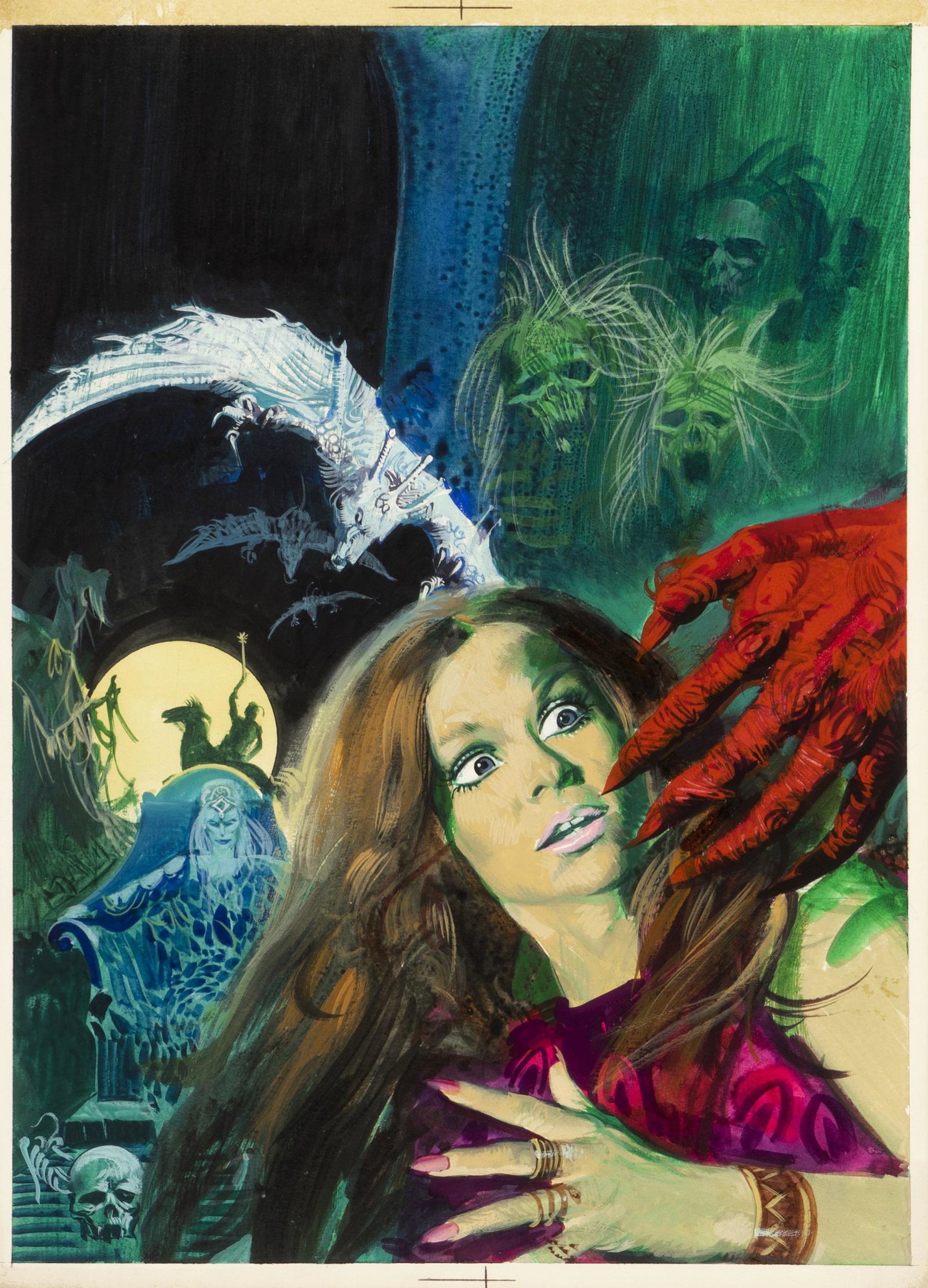 Dangelico Pino - "Alcina la Maga - Il tiranno di: Dangelico Pino - "Alcina la Maga - Il tiranno di Dordrecht", 1973 ITA tempera su cartone, 23 x 31 cm Originale di copertina realizzato da Dangelico per "Il tiranno di Dordrecht", edito