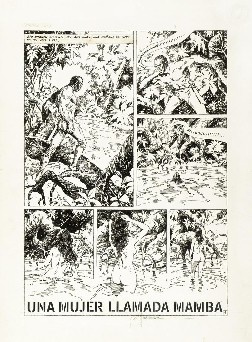 GonzÃ¡lez José Pepe - "Mamba - Una mujer: GonzÃ¡lez José Pepe - "Mamba - Una mujer llamada Mamba", 1986 ITA matita e china su cartoncino, 47 x 63 cm Title page originale della prima avventura di Mamba intitolata "Una mujer