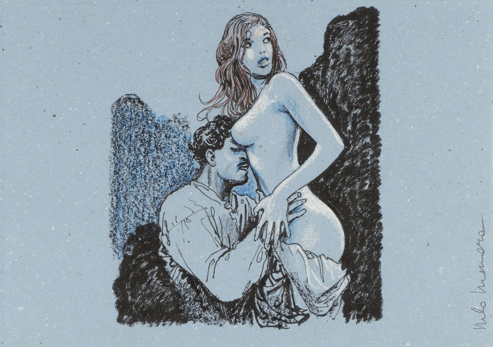 Manara Milo - "Il trombettiere", 2011: Manara Milo - "Il trombettiere", 2011 ITA tecnica mista su carta azzurra, 29,5 x 21 cm Illustrazione originale realizzata da Manara per il romanzo "Il trombettiere" di David Riondino, 