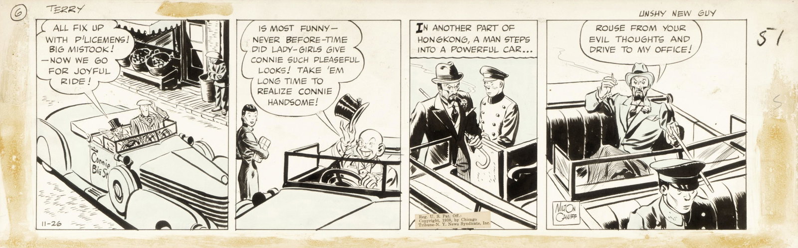 Caniff Milton - "Terry and the Pirates - Unshy new: Caniff Milton - "Terry and the Pirates - Unshy new guy", 26/11/1938 ITA matita, china e acquerello su cartoncino, 57,5 x 18,5 cm Striscia giornaliera del 26/11/1938 per "Terry and the Pira