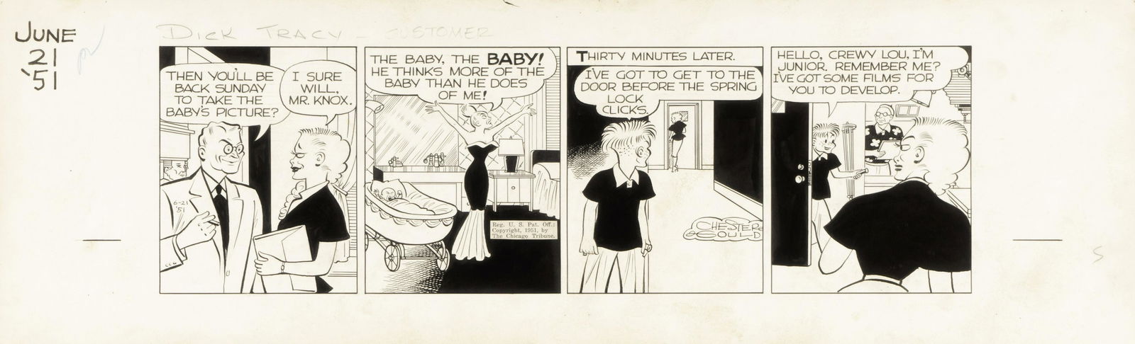 Gould Chester - "Dick Tracy - Customer",: Gould Chester - "Dick Tracy - Customer", 21/07/1951 ITA matita e china su cartoncino, 59 x 18 cm Striscia giornaliera del 21/07/1951 per "Dick Tracy". Apparsa per la prima volta nel 1