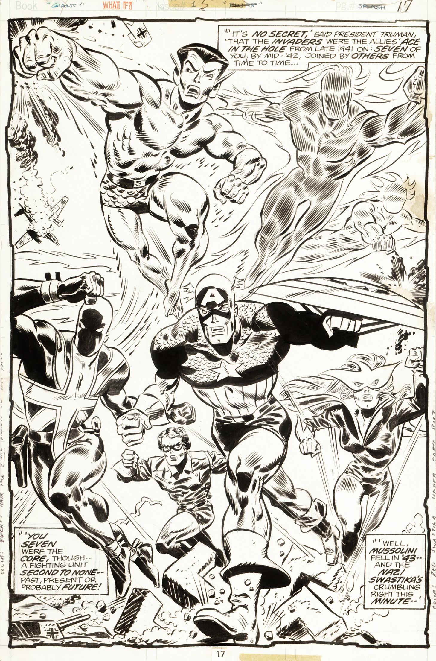 Robbins Frank - "What If? - The Invaders Had Stayed: Robbins Frank - "What If? - The Invaders Had Stayed Together After World War Two?", 1977 ITA matita e china su cartoncino Marvel, 26,5 x 40,5 cm Splash page originale realizzata da Robbins pe