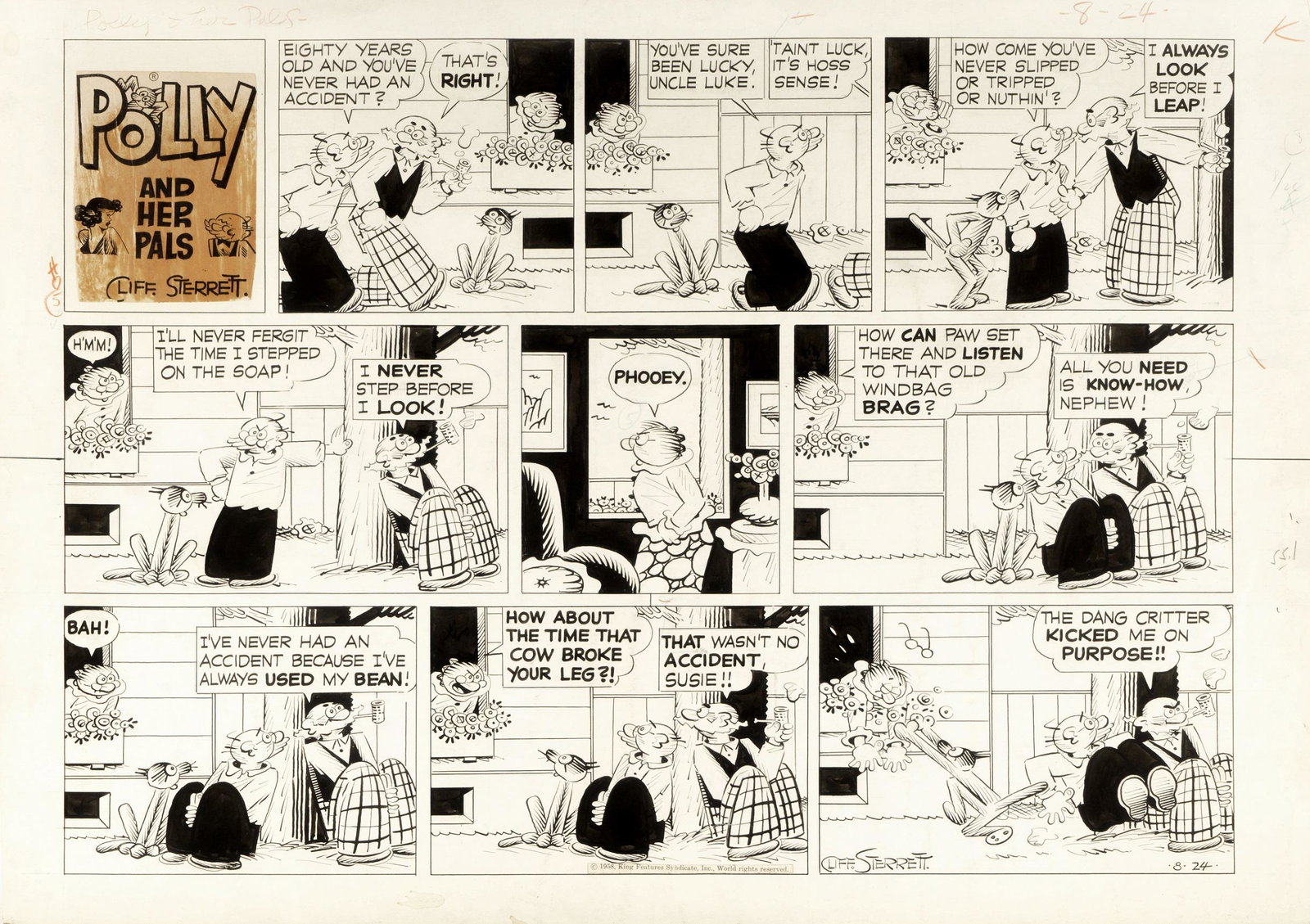 Sterrett Cliff - "Polly and Her Pals",: Sterrett Cliff - "Polly and Her Pals", 24/08/1958 ITA matita e china su cartoncino, 70 x 50 cm Tavola domenicale del 24/08/1958 per "Polly and Her Pals". Firmata datata. ______________