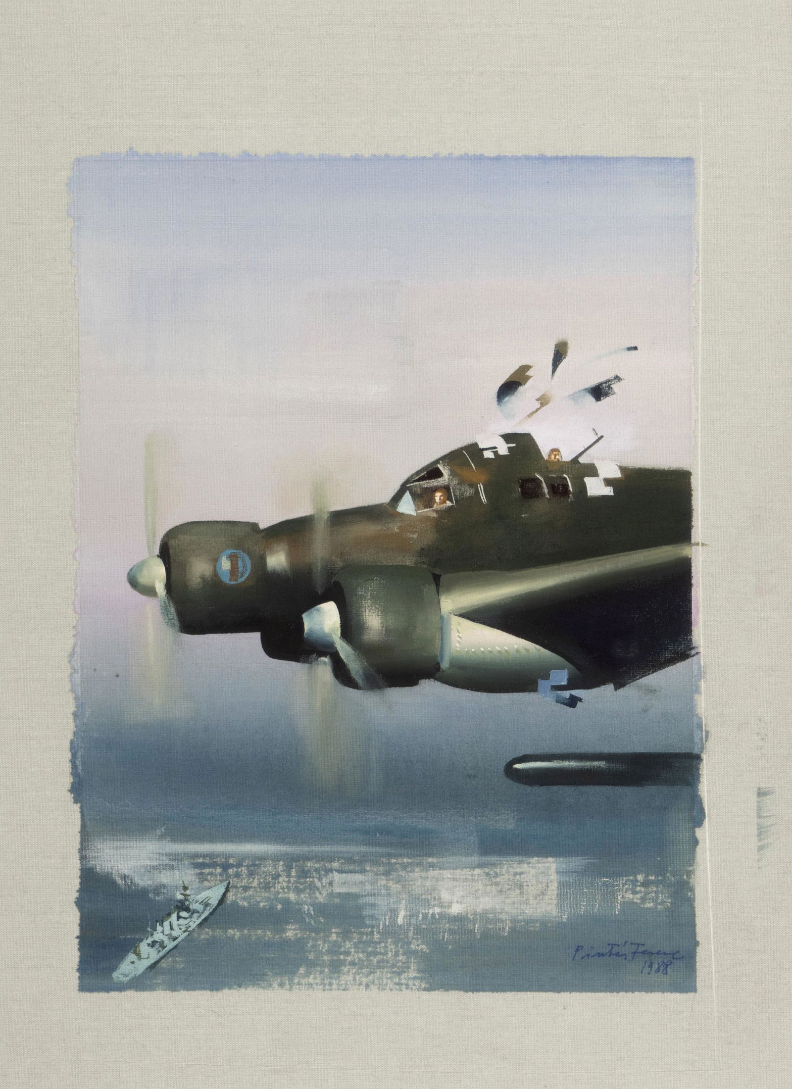 Pintér Ferenc - "Guerra sul Pacifico",: Pintér Ferenc - "Guerra sul Pacifico", 1988 ITA tempera su cartone telato, 25,5 x 35 cm Originale di copertina realizzato da Pinter per la collana "Le scie" della Mondadori nel 1