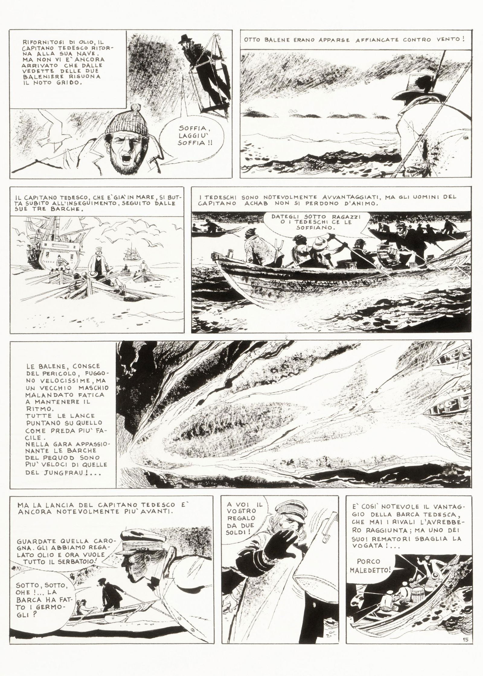 Battaglia Dino - "Moby Dick", 1967: Battaglia Dino - "Moby Dick", 1967 ITA matita e china su cartoncino, 25,5 x 35 cm Tavola originale realizzata da Battaglia per "Moby Dick", pag. 15 della trasposizione in immagini del
