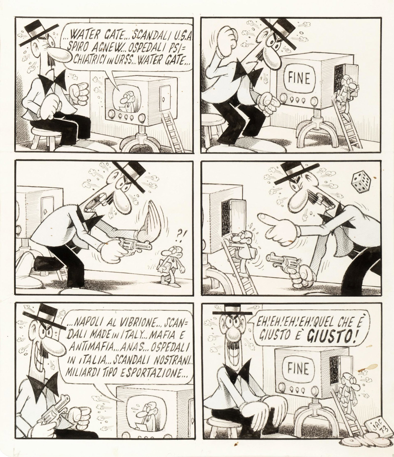 Jacovitti Benito - "Giuseppe", 1973: Jacovitti Benito - "Giuseppe", 1973 ITA matita e china su cartoncino, 28,5 x 33 cm Tavola originale realizzata da Jacovitti per il suo personaggio "Giuseppe", qui alle prese con un´informazione pubbl