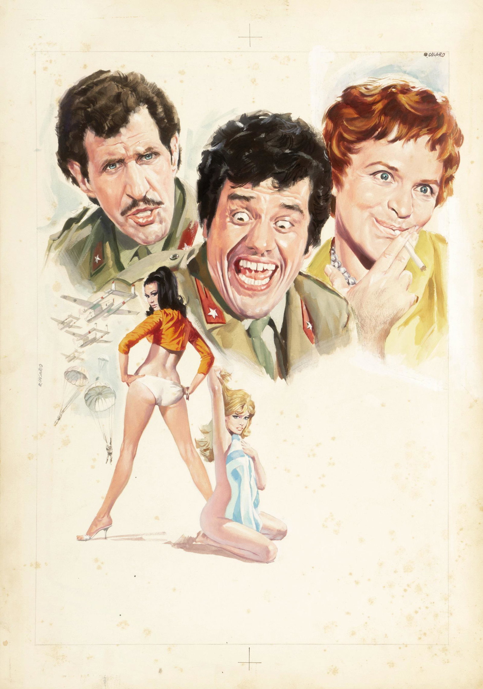 Casaro Renato - "Obiettivo ragazze raggiunto - Stop: Casaro Renato - "Obiettivo ragazze raggiunto - Stop - Missione compiuta", 1971 ITA tempera su cartone, 39,5 x 56,5 cm Bozzetto originale realizzato da Casaro per la locandina ufficiale del fi