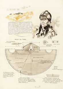 Dester Gisela - "El mundo de Ticonderoga", 1960: Dester Gisela - "El mundo de Ticonderoga", 1960 ITA matita, china e acquerello su cartoncino, 36 x 50 cm Tavola originale realizzata da Gisela Dester, collaboratrice e compagna di Pratt