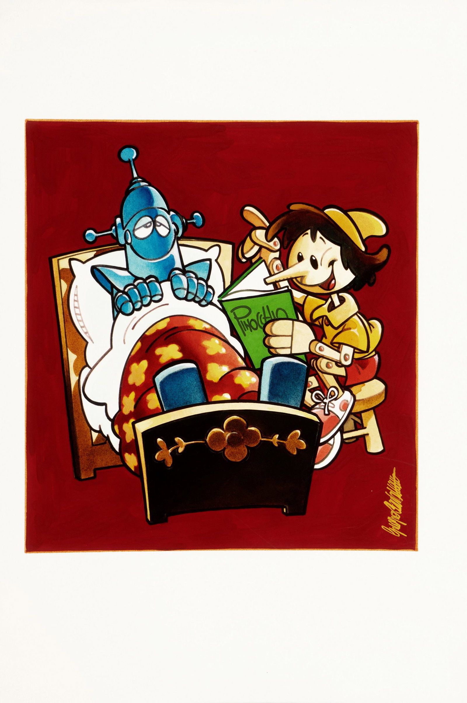 Cavazzano Giorgio - "Omaggio a Pinocchio", 1986: Cavazzano Giorgio - "Omaggio a Pinocchio", 1986 ITA tempera su cartoncino, 23,5 x 35 cm Illustrazione originale realizzata da Cavazzano in occasione della mostra "Pinocchio graphis: un nas