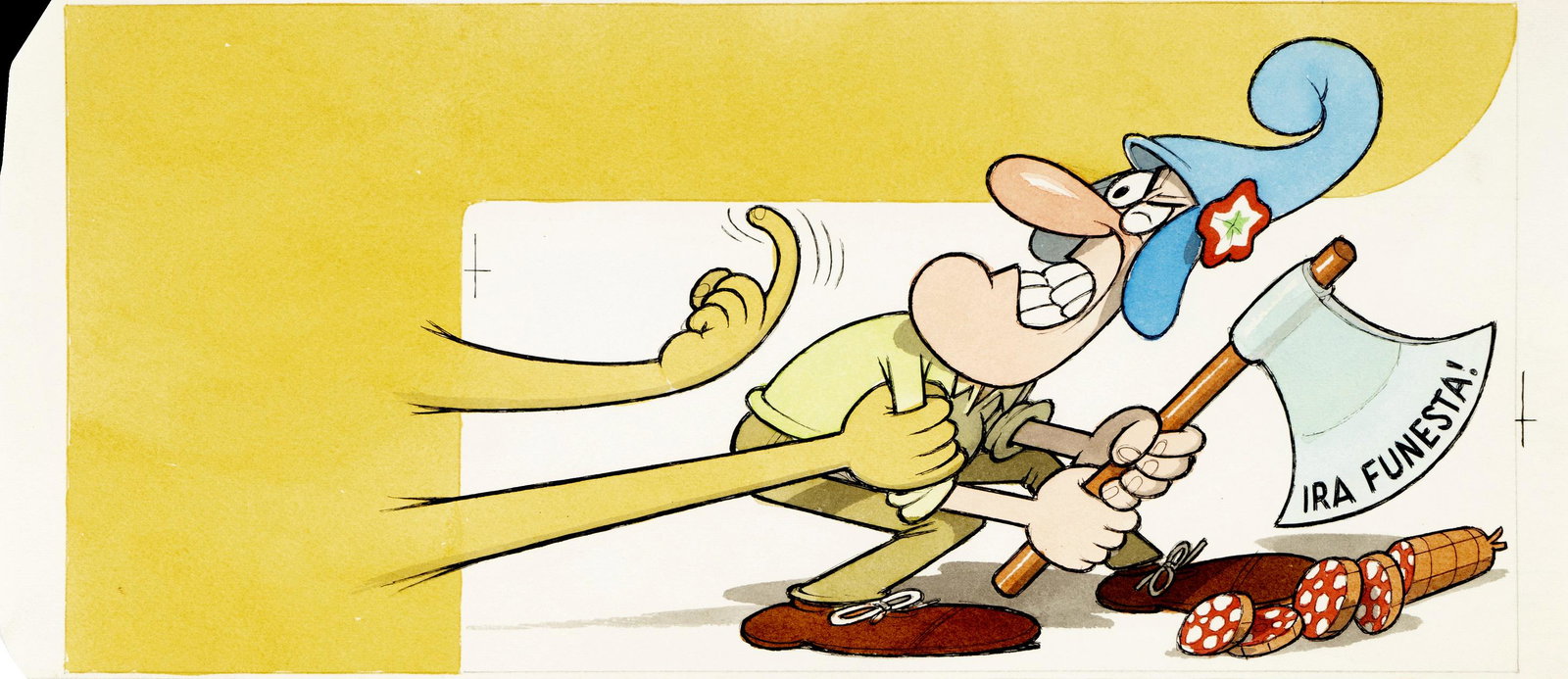 Jacovitti Benito - "Ira funesta!", 1958: Jacovitti Benito - "Ira funesta!", 1958 ITA matita, china e ecoline su cartoncino, 40 x 17 cm Illustrazione originale realizzata da Jacovitti nel 1958 per un depliant pubblicitario del televis