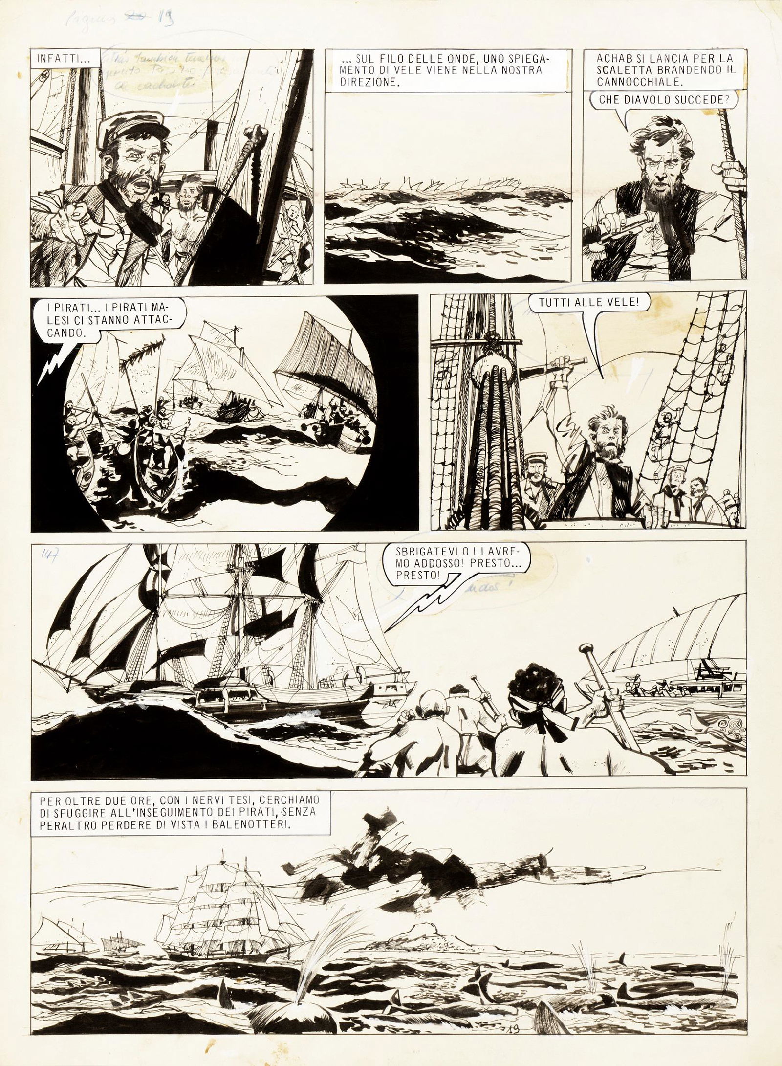 Durañona Leopoldo - "Moby Dick", 1968: Durañona Leopoldo - "Moby Dick", 1968 ITA matita e china su cartoncino, 40 x 54 cm Tavola originale realizzata da Durañona per la pag. 19 di "Moby Dick", commissionata dall&