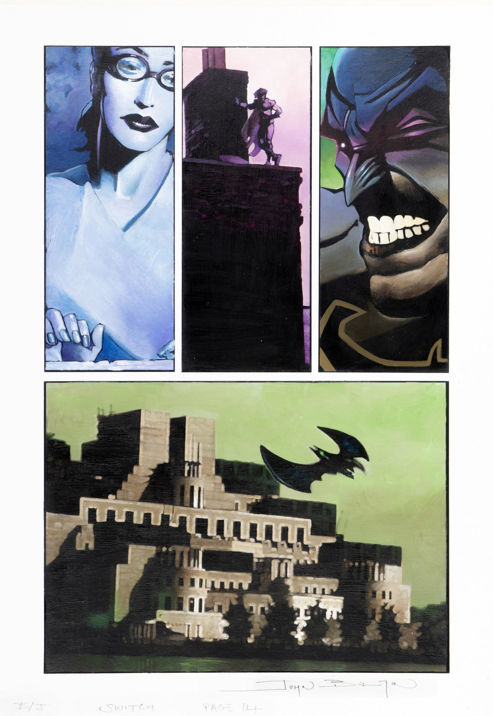 Bolton John - "Batman/Joker: Switch", 2003: Bolton John - "Batman/Joker: Switch", 2003 ITA olio su cartoncino applicato a cartoncino, 27 x 39 cm Tavola originale realizzata da Bolton per il volume "Batman/Joker: Switch", edita a