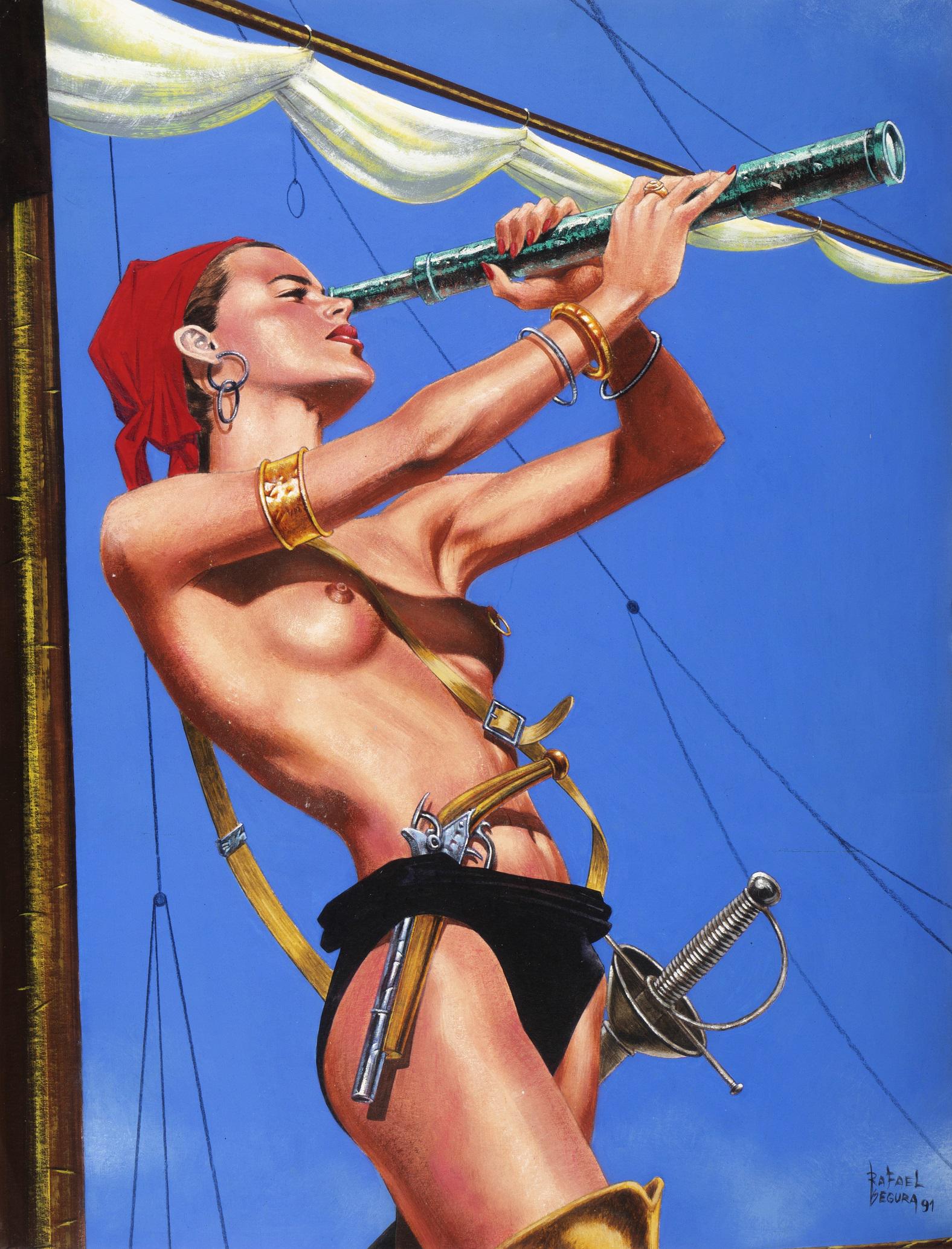 Segura Rafael - "Piratessa", 1991: Segura Rafael - "Piratessa", 1991 ITA tempera su cartoncino, 34 x 44 cm Originale di copertina realizzato da Segura per la rivista Skorpio n. 39 anno 15 edito dall‘Editoriale Aurea nel 1