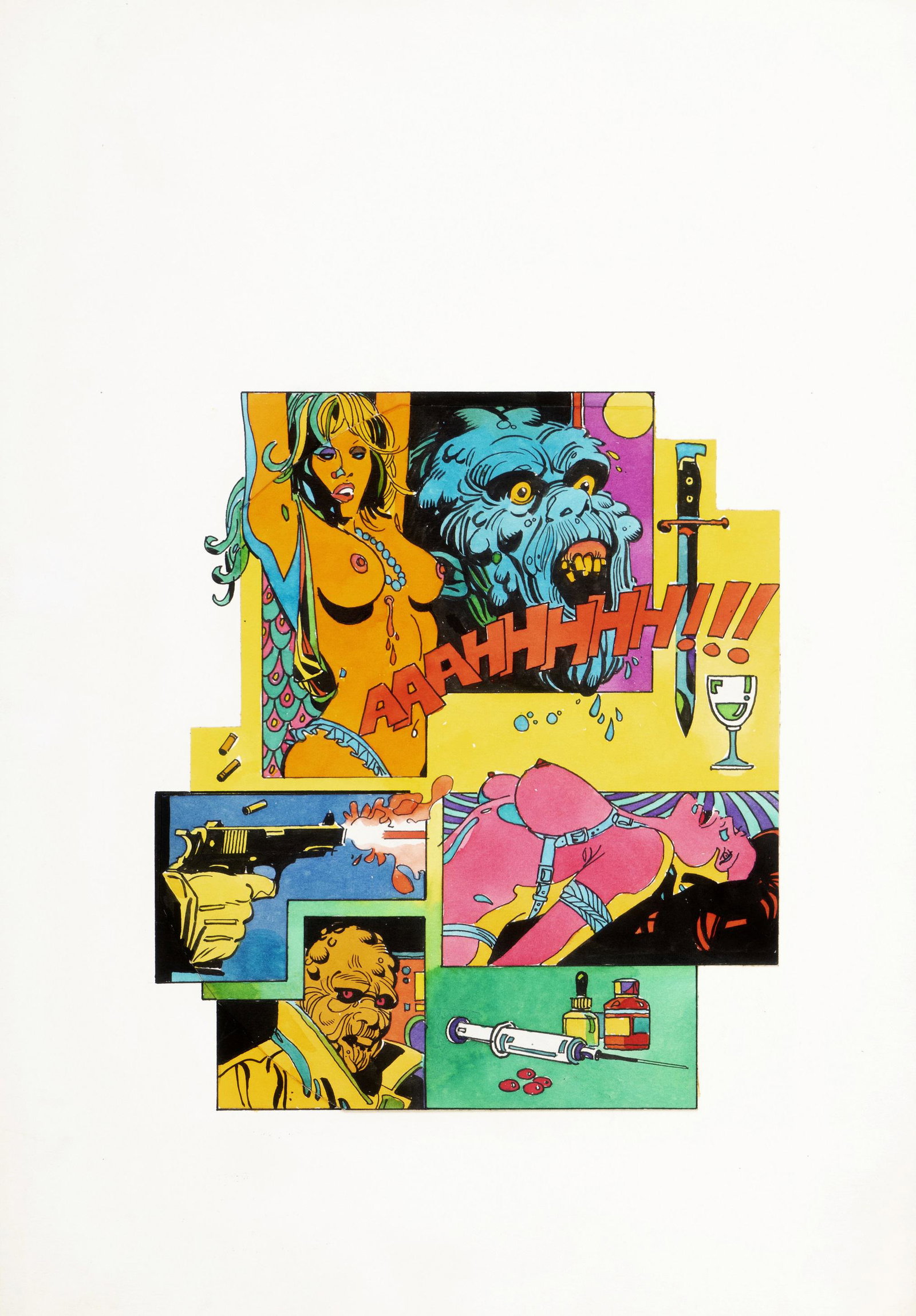 Tacconi Ferdinando - "I Nobel del Fumetto - Il: Tacconi Ferdinando - "I Nobel del Fumetto - Il fiore delle mille e un mostro", 1975 ITA matita, china e ecoline su cartoncino rimontato, 25,5 x 36,5 cm Originale di copertina realizzato da Tac
