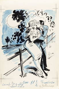 Belli (Gastone Bellincampi) - "Bacio al chiaro di luna", anni ´50: Belli (Gastone Bellincampi) - "Bacio al chiaro di luna", anni ´50 ITA matita, china e acquerello su cartoncino, 24,5 x 37 cm Illustrazione originale realizzata da Belli per il