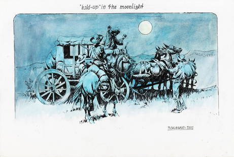 Calegari Renzo - "Hold-up in the moonlight", 2011: Calegari Renzo - "Hold-up in the moonlight", 2011 ITA matita, china e acquerello su cartone, 36,5 x 24,5 cm Illustrazione originale realizzata da Calegari, pubblicata sul volume