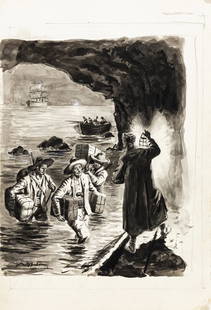 D´Antona Mario - "La perla sanguinosa", 1945: D´Antona Mario - "La perla sanguinosa", 1945 ITA matita, china e acquerello su cartoncino, 24,5 x 36 cm Illustrazione originale realizzata dal pittore D´Antona per il romanzo