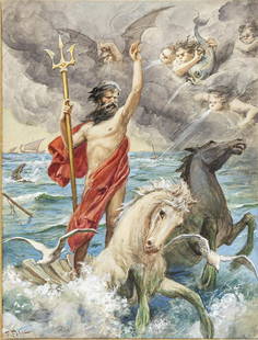 Fabbi Fabio - "LÂ´Iliade - Poseidone", 1930: Fabbi Fabio - "LÂ´Iliade - Poseidone", 1930 ITA matita, china, acquerello e tempera su cartoncino applicato a cartone, 30 x 40 cm Illustrazione originale realizzata da Fabbi per