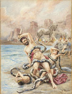 Fabbi Fabio - "LÂ´Iliade - Laocoonte", 1930: Fabbi Fabio - "LÂ´Iliade - Laocoonte", 1930 ITA matita, china, acquerello e tempera su cartoncino applicato a cartone, 30 x 40 cm Illustrazione originale realizzata da Fabbi per