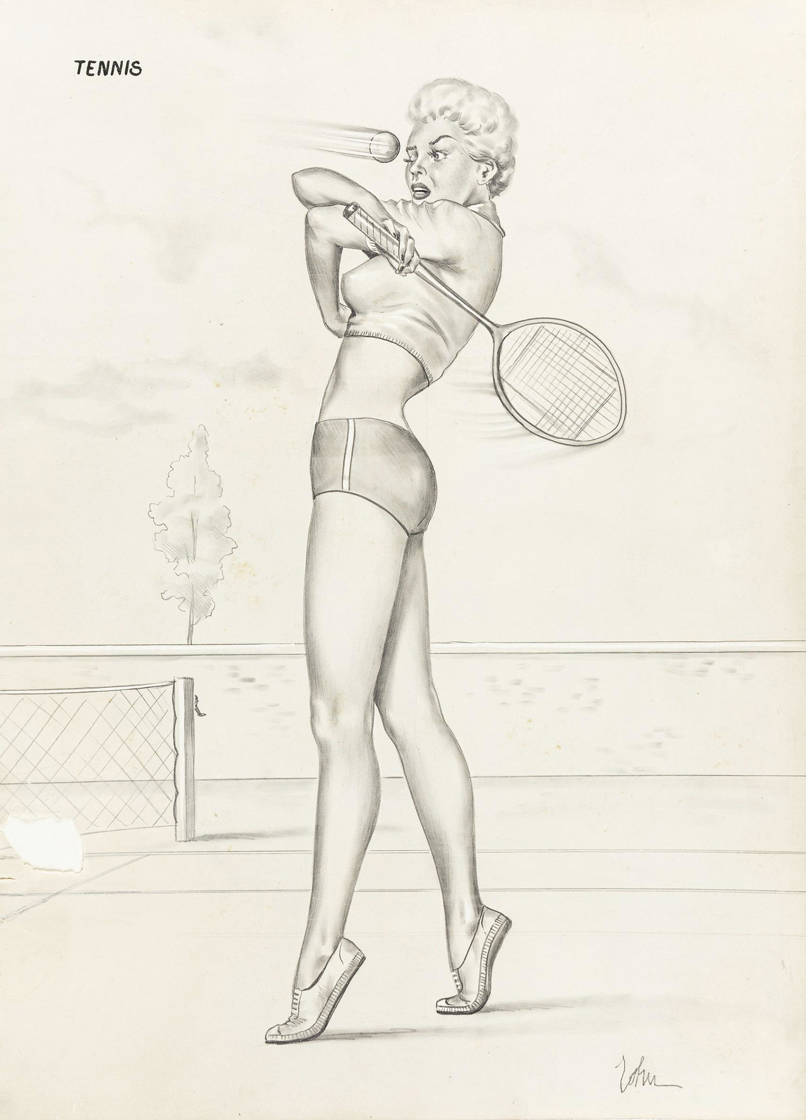 Guida John - "Tennis", anni ´30: Guida John - "Tennis", anni ´30 ITA matita su carta applicata a cartoncino, 28 x 40 cm Illustrazione originale realizzata da Guida all´interno di una serie di figurini destinati al m
