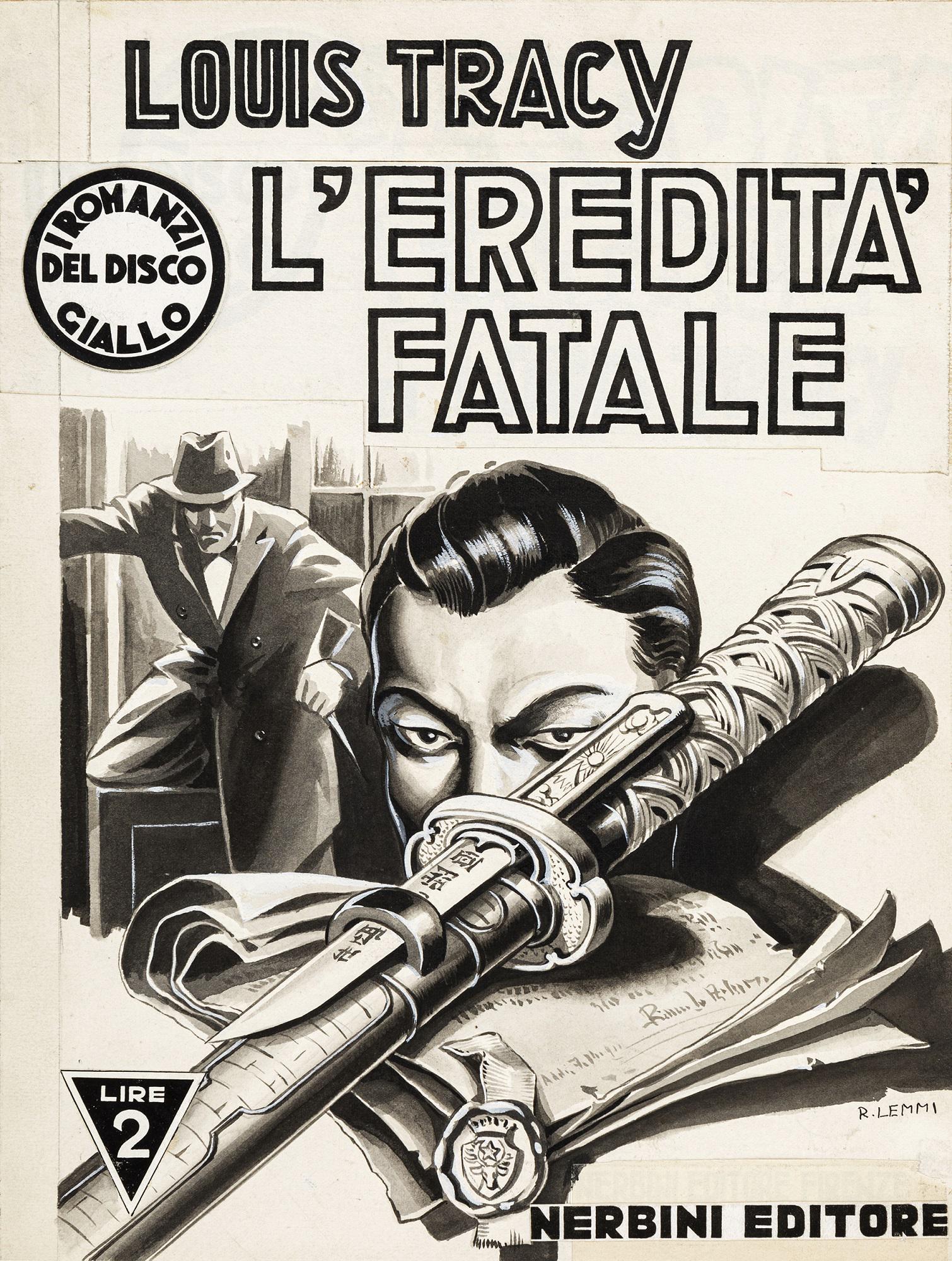 Lemmi Roberto - "L´eredità fatale", 1941: Lemmi Roberto - "L´eredità fatale", 1941 ITA matita, china e acquerello su cartoncino applicato a cartone, 23 x 30,5 cm Originale di copertina realizzato da Lemmi per il romanzo "