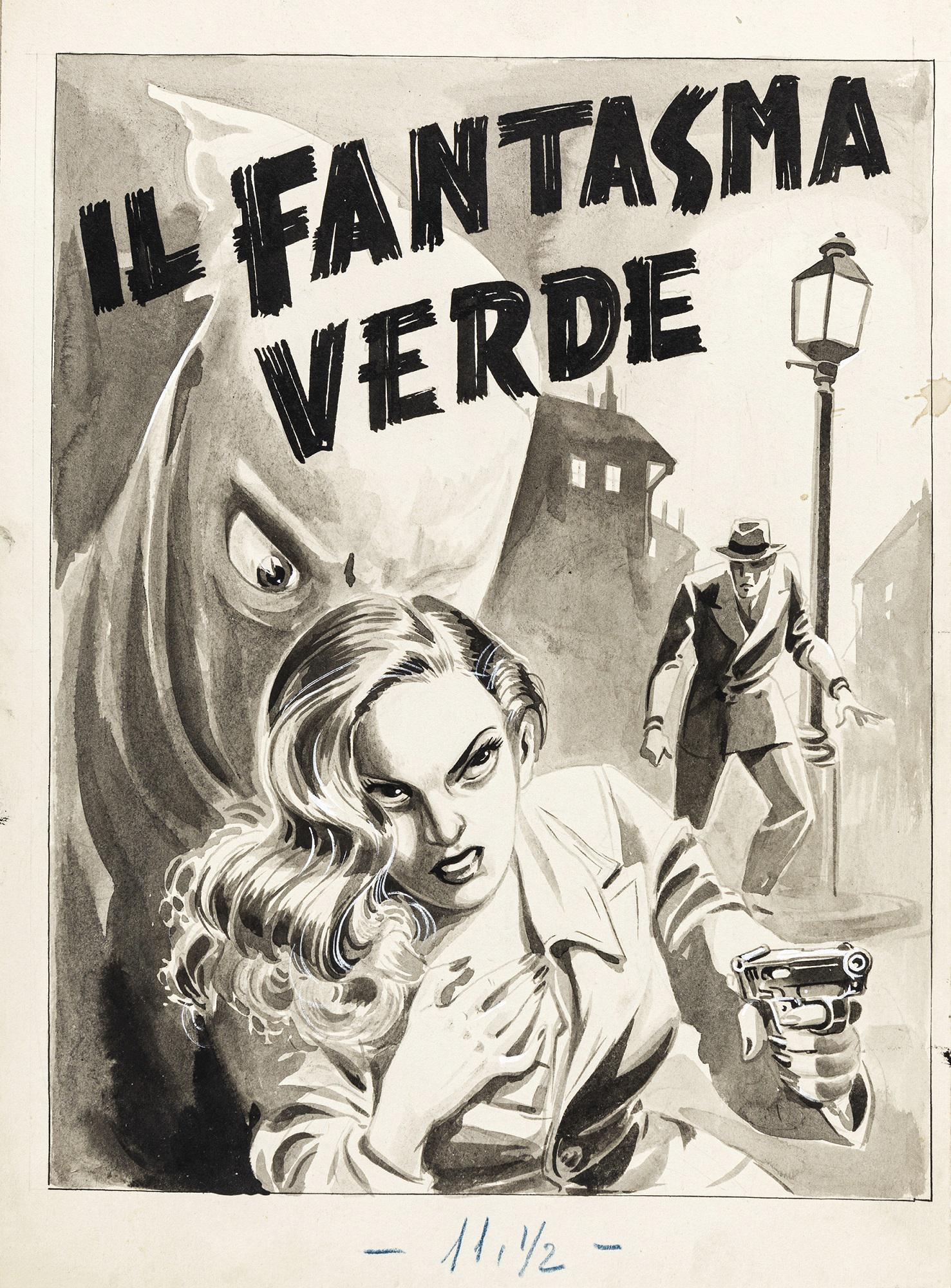 Lemmi Roberto - "Il fantasma verde", anni ´40: Lemmi Roberto - "Il fantasma verde", anni ´40 ITA matita, china e acquerello su cartoncino applicato a cartone, 24 x 33 cm Originale di copertina realizzato da Lemmi per il romanzo "I