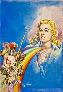 Pallotti Gino - "Intrepido (arcobaleno)", 1957: Pallotti Gino - "Intrepido (arcobaleno)", 1957 ITA matita, tempera e acquerello su cartoncino, 23,5 x 33 cm Originale di copertina realizzato da Pallotti per Raccolta Intrepido n. 45, edito