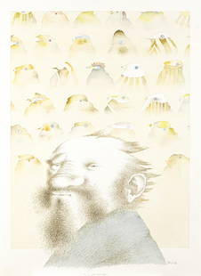 Pericoli Tullio - "Robinson Crusoe: Robinson e gli uccelli", 1984: Pericoli Tullio - "Robinson Crusoe: Robinson e gli uccelli", 1984 ITA matita, china e acquerello su cartoncino, 53 x 74 cm Illustrazione originale realizzata da Pericoli per il libro