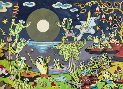 Rubino Antonio - "Nel paese dei ranocchi", 1963: Rubino Antonio - "Nel paese dei ranocchi", 1963 ITA tempera su cartoncino, 36 x 26 cm Dipinto originale realizzato da Rubino nel 1963, facente parte di una serie di lavori pittorici che il