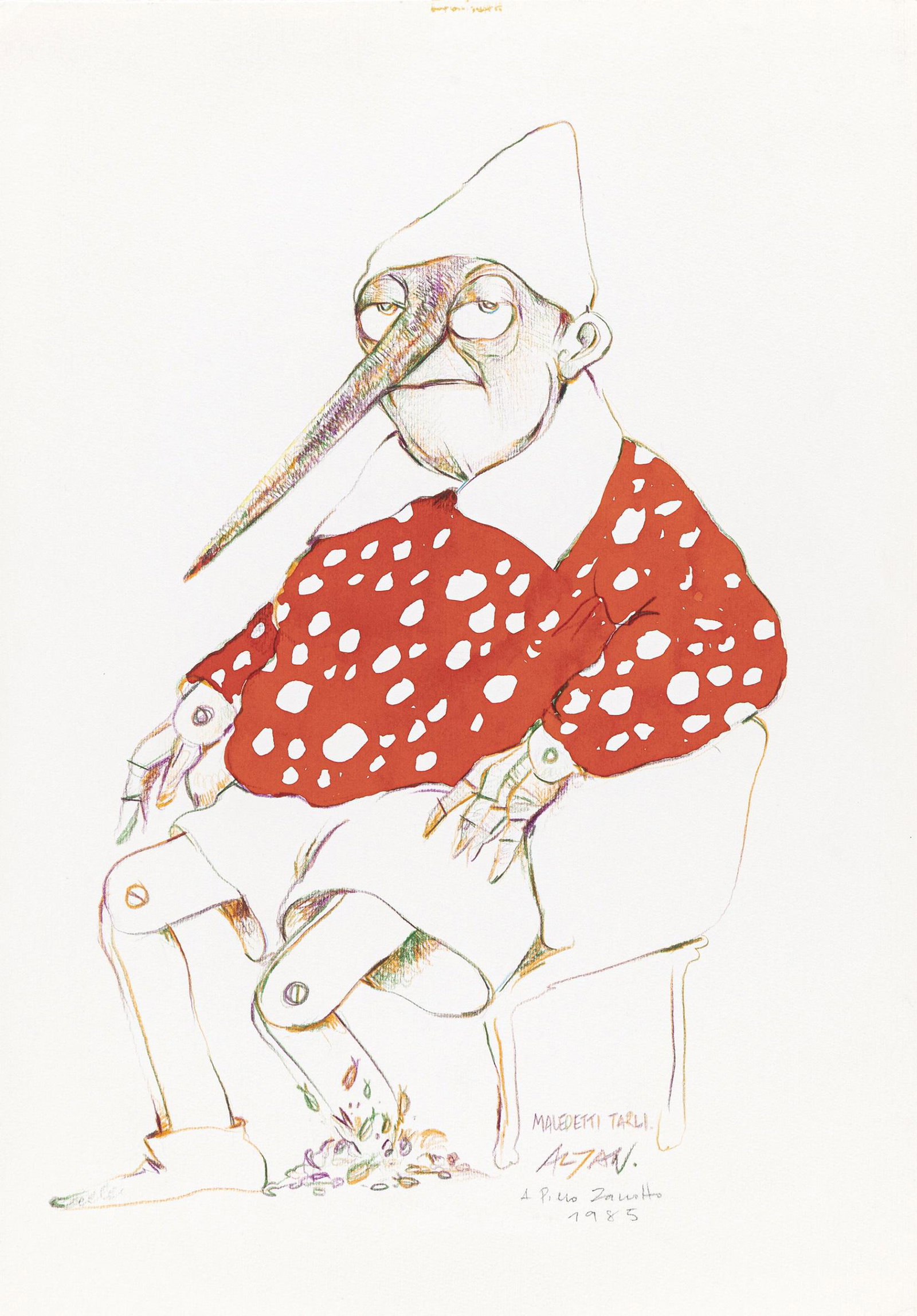 Altan Francesco Tullio - "Maledetti tarli", 1985: Altan Francesco Tullio - "Maledetti tarli", 1985 ITA pastelli e acquerello su cartoncino, 25 x 36 cm Illustrazione originale realizzata da Altan in occasione della mostra "Pinocchio graphi