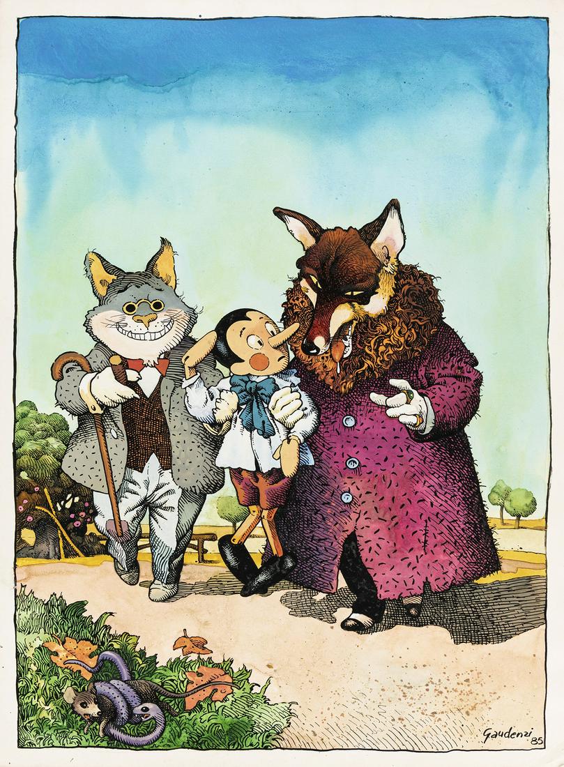 Gaudenzi Giacinto - "Pinocchio, il Gatto e la Volpe", 1985: Gaudenzi Giacinto - "Pinocchio, il Gatto e la Volpe", 1985 ITA matita, china e acquerello su cartoncino, 28 x 38 cm Illustrazione originale realizzata da Gaudenzi in occasione della mostra 