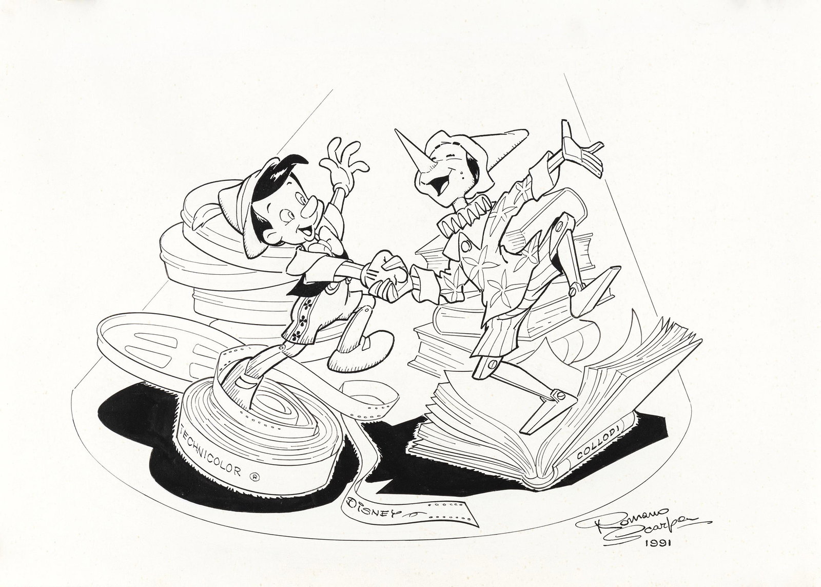 Scarpa Romano - "Il Pinocchio di Collodi e Disney", 1991: Scarpa Romano - "Il Pinocchio di Collodi e Disney", 1991 ITA matita e china su cartoncino, 36,5 x 26 cm Illustrazione originale realizzata da Scarpa in occasione della mostra "Pinocchio da