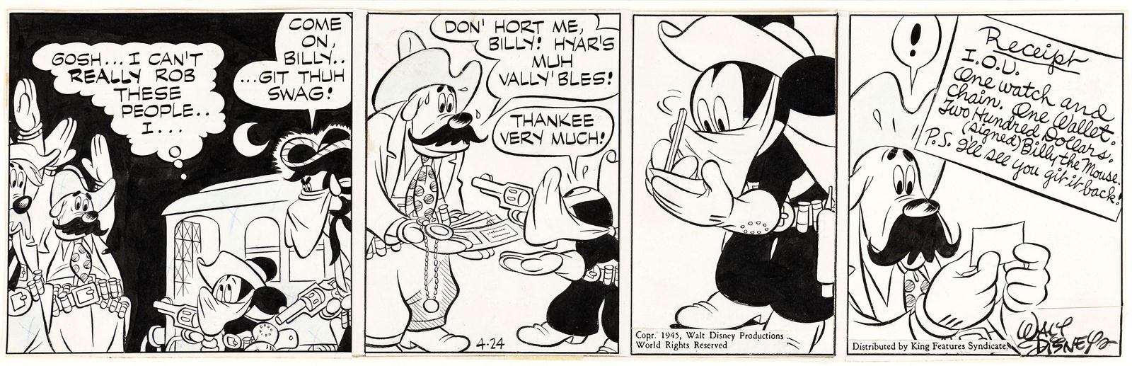 Gottfredson Floyd - "Mickey Mouse - Billy, The Mouse", 1945: Gottfredson Floyd - "Mickey Mouse - Billy, The Mouse", 1945 ITA matita, china e acquerello su cartoncino rimontato, 41,5 x 13 cm Striscia giornaliera del 24/04/1945 realizzata da Gottfredson per "Bil