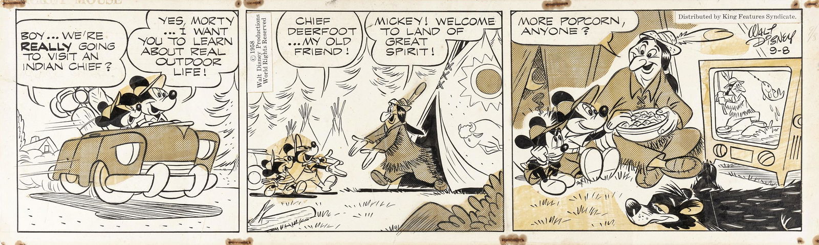 Gottfredson Floyd - "Mickey Mouse ", 1958: Gottfredson Floyd - "Mickey Mouse ", 1958 ITA matita, china e retino su cartoncino, 47,5 x 14,5 cm Striscia giornaliera del 08/09/1958 per "Mickey Mouse". Topolino, Morty e il capo in