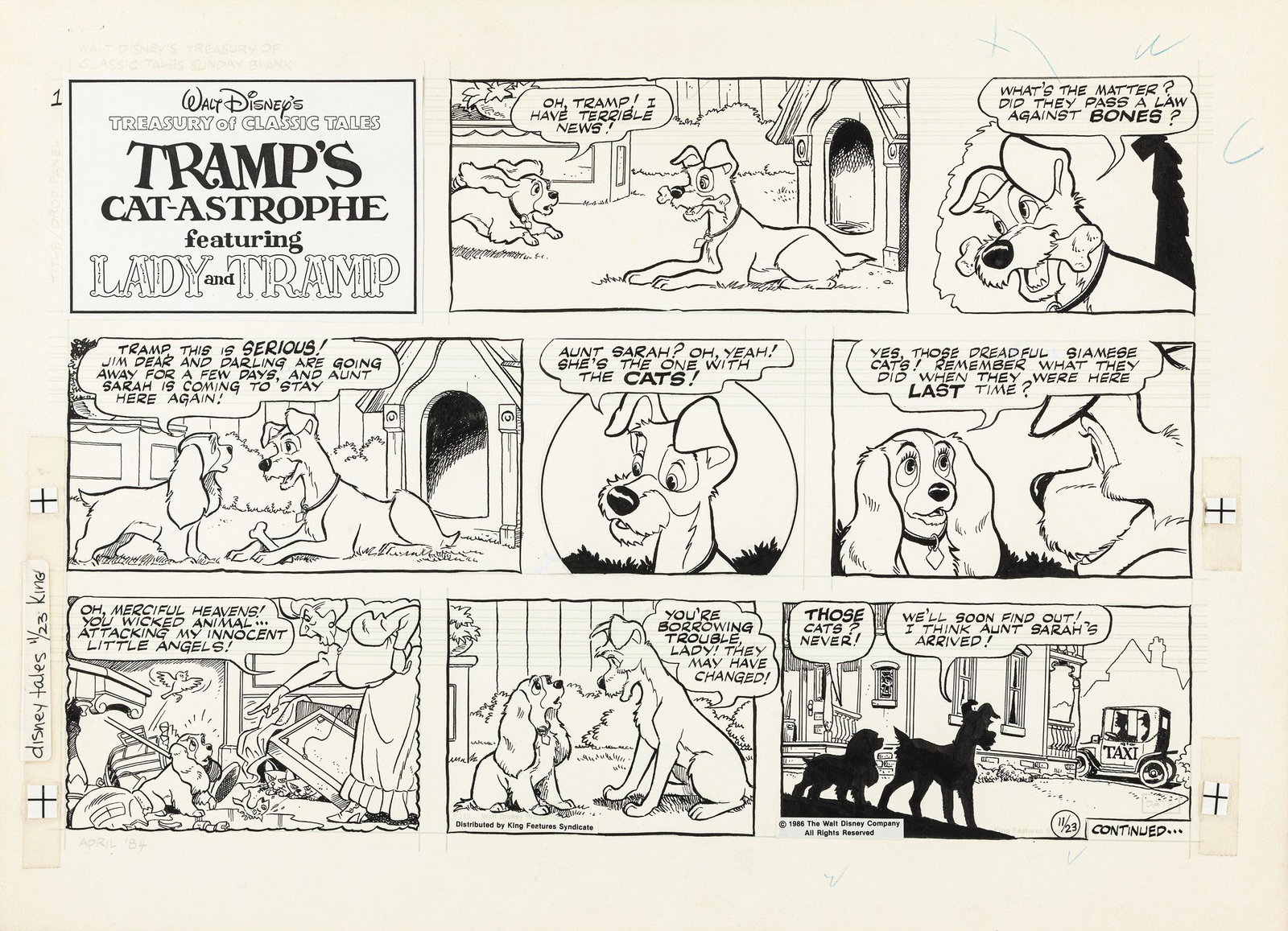 Moore Richard - "Walt Disney´s Treasury of Classic Tales - Lady and Tramp", 1986: Moore Richard - "Walt Disney´s Treasury of Classic Tales - Lady and Tramp", 1986 ITA matita e china su cartoncino, 45 x 32,5 cm Tavola domenicale del 23/11/1986 per "Tramp´s Cat-