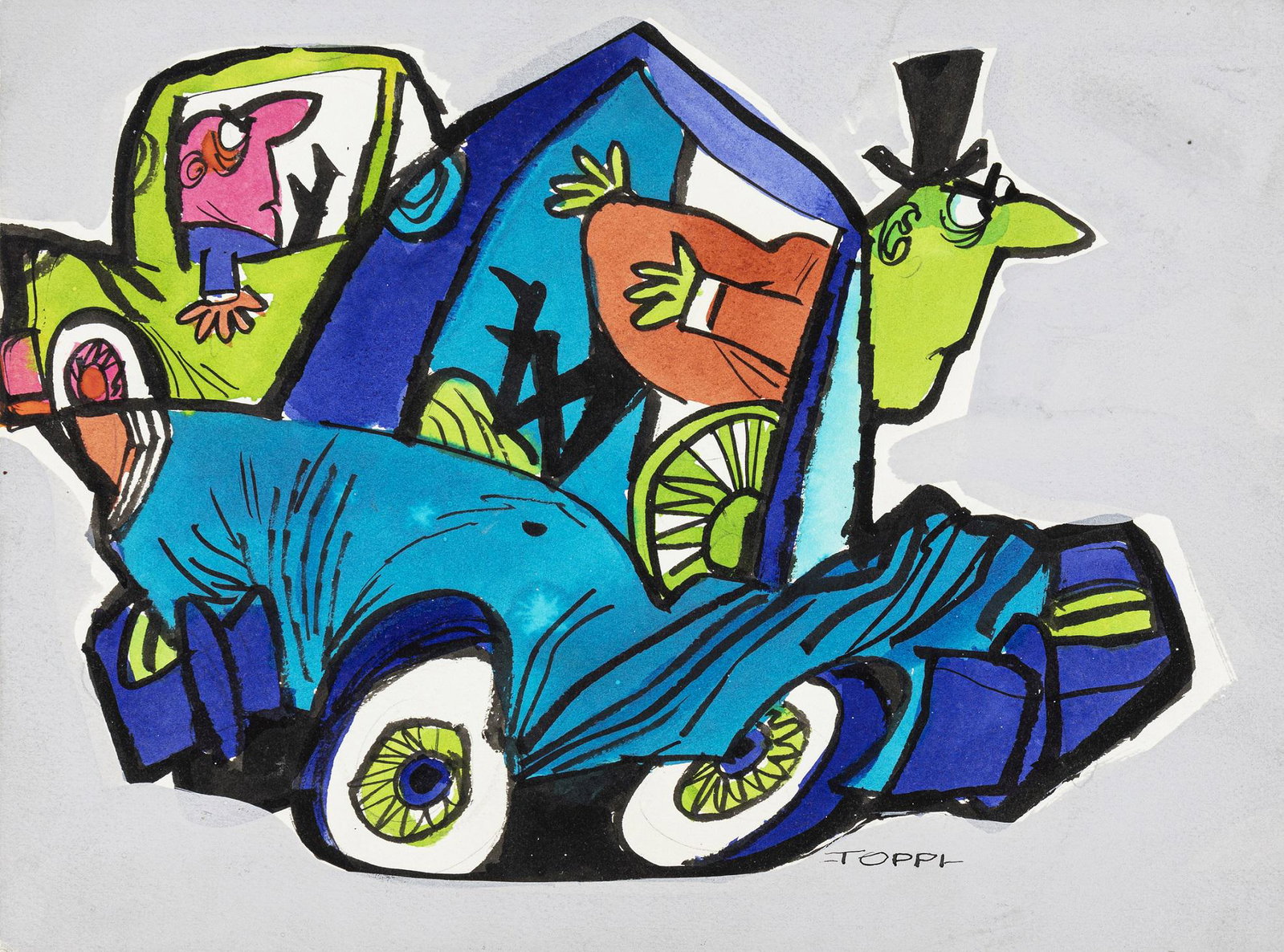 Toppi Sergio - "Carosello - Terital Rhodiatoce", 1965: Toppi Sergio - "Carosello - Terital Rhodiatoce", 1965 ITA tempera e ecoline su cartoncino, 28,5 x 22 cm Disegno originale realizzato da Toppi durante la sua collaborazione con lo studio di ani