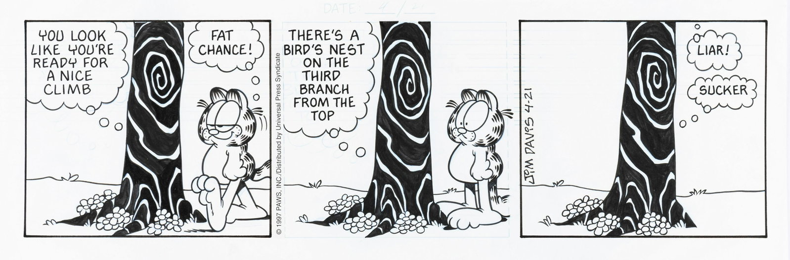 Davis Jim - "Garfield", 1997: Davis Jim - "Garfield", 1997 ITA pastello e china su cartoncino, 38 x 13 cm Striscia giornaliera del 21/04/1997 per "Garfield". Un esilarante e surreale scambio di battute tra il sorni