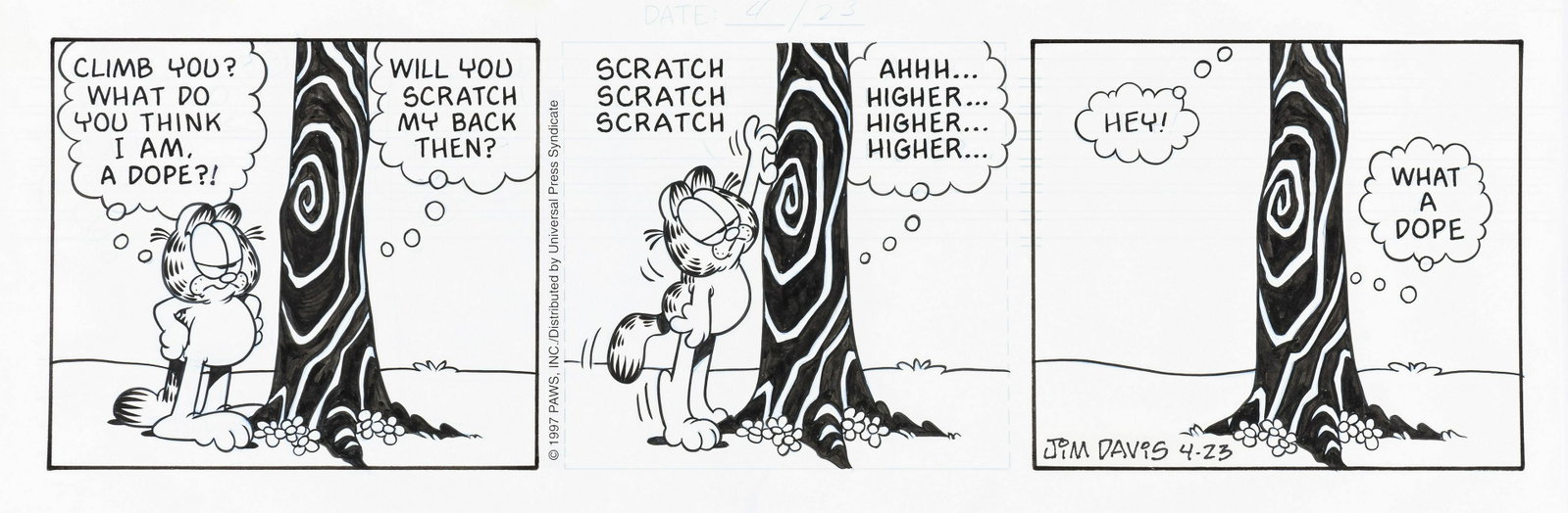 Davis Jim - "Garfield", 1997: Davis Jim - "Garfield", 1997 ITA pastello e china su cartoncino, 38 x 13 cm Striscia giornaliera del 23/04/1997 per "Garfield". Un esilarante e surreale scambio di battute tra il sorni