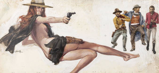 Ciriello Averardo - "La texana e i fratelli Penitenza (Hannie Caulder)", 1971: Ciriello Averardo - "La texana e i fratelli Penitenza (Hannie Caulder)", 1971 ITA tempera su cartone - 73 x 33 cm Bozzetto originale realizzato da Ciriello per la locandina del film "La