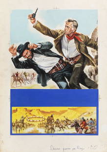 Piovano Mario - "Danza di guerra per Ringo (The Oil Prince)", 1965: Piovano Mario - "Danza di guerra per Ringo (The Oil Prince)", 1965 ITA tempera su cartone - 50 x 70 cm Bozzetto originale realizzato da Piovano per la locandina ufficiale del film "Danza